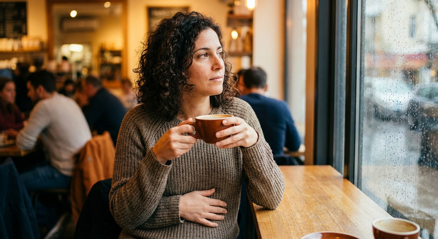 אישה ישראלית יושבת בבית קפה עם ספל, מביטה החוצה בהקשבה שקטה לגוף שלה