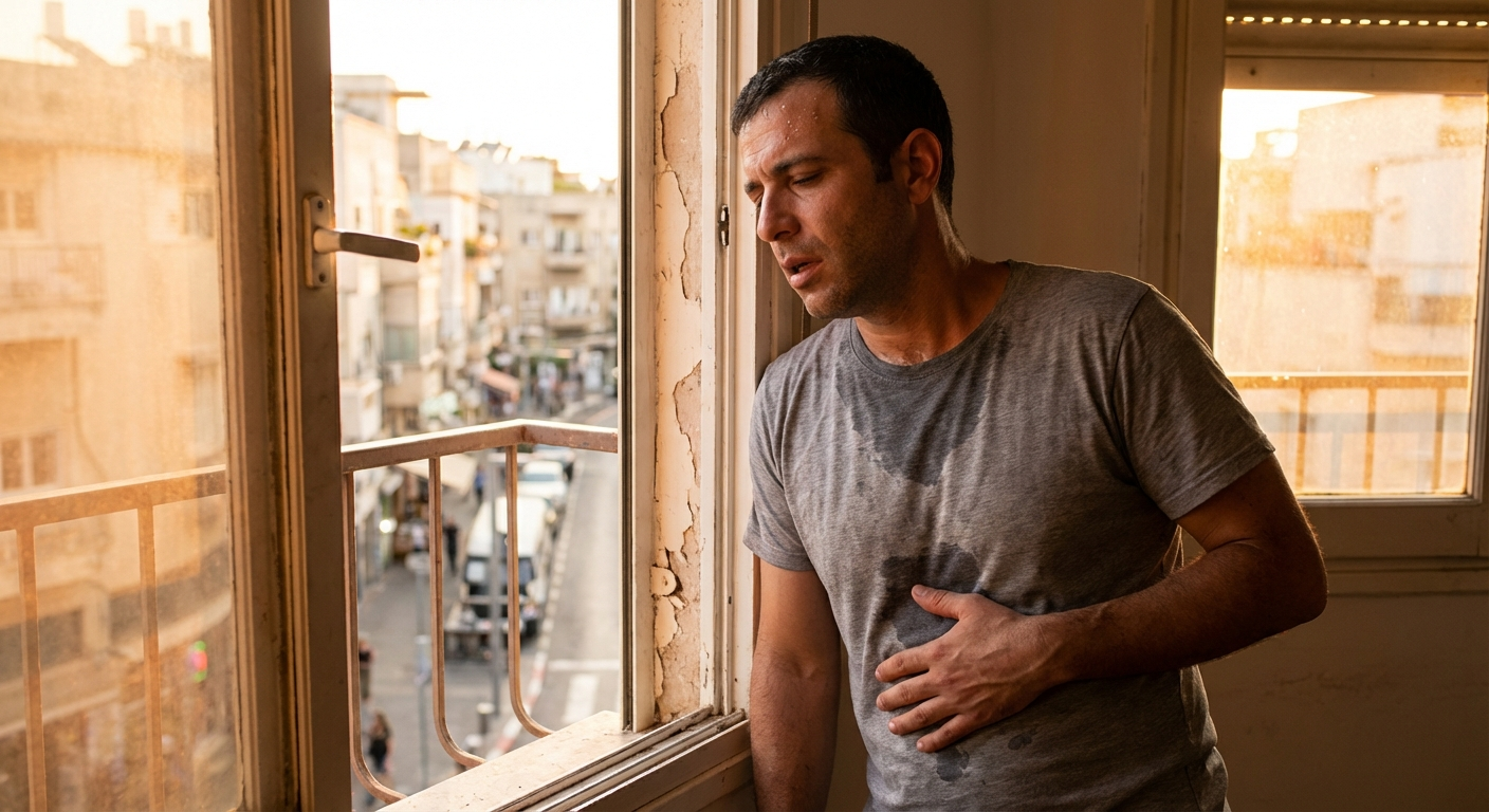 גבר ישראלי עומד ליד חלון פתוח, נושם עמוק, מניח יד על הבטן, רגע של ויסות אחרי רגש חזק