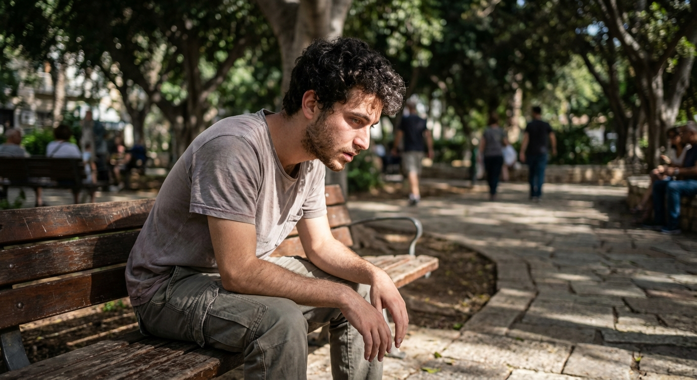 גבר ישראלי צעיר יושב על ספסל ברחוב, נושם עמוק עם ידיים על הברכיים, רגע של חזרה לשליטה