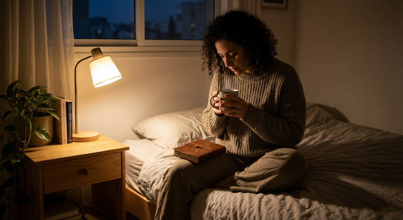 אישה ישראלית יושבת ליד מיטה עם כוס תה, אור שקט מנורת לילה, כותבת ביומן