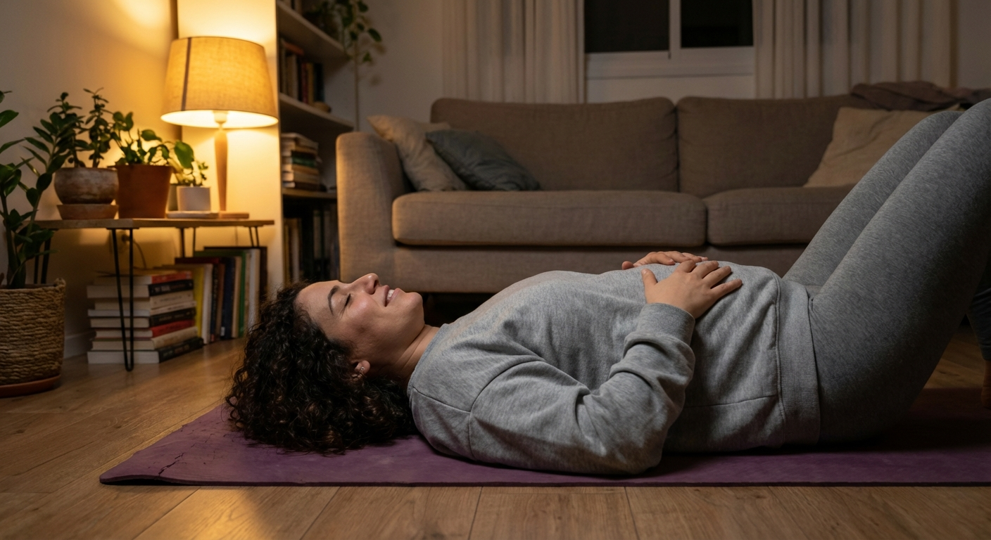 אישה ישראלית שוכבת על שטיח יוגה עם ידיים על הבטן, נושמת בקצב איטי, אור ערב חם
