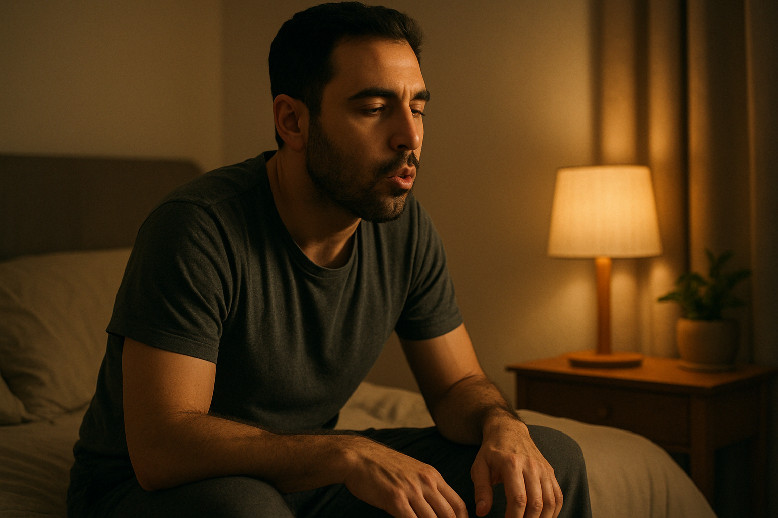 גבר ישראלי יושב במיטה בלילה ונושם לאט דרך שפתיים קפוצות, אור שידה חם