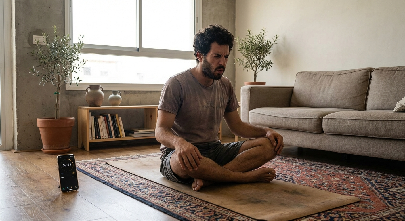 גבר ישראלי מתרגל נשימות ויים הוף על שטיח יוגה בסלון, עם טיימר על הטלפון לידו