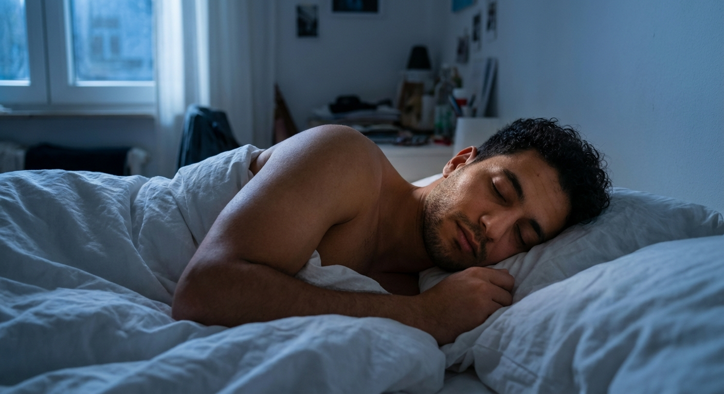 גבר ישראלי שוכב במיטה עם עיניים עצומות, חדר שינה חשוך עם אור ירח עדין