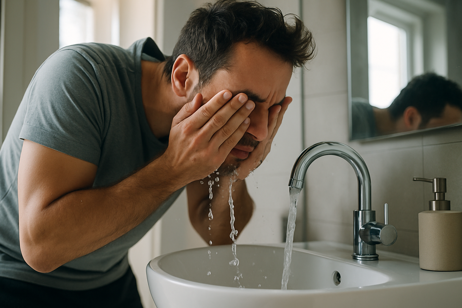 גבר ישראלי שוטף פנים במים קרים בכיור, אור בוקר טבעי, רגע של התאפסות