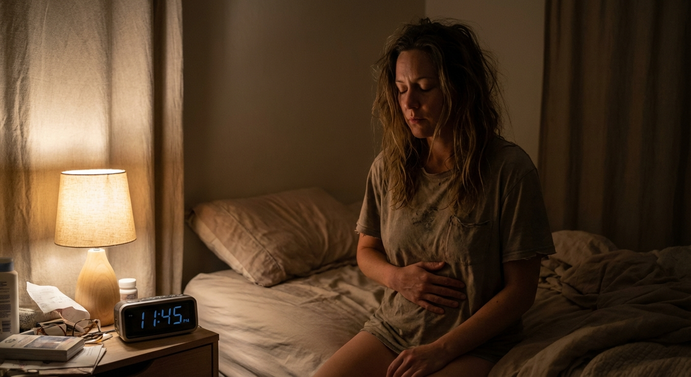 אישה ישראלית יושבת על קצה המיטה בלילה, נושמת לאט עם יד על הבטן ואור עמום בחדר