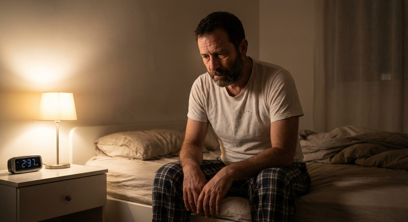 גבר ישראלי יושב על קצה המיטה בלילה, ידיים שלובות, מביט למטה, רגע של שקט לפני חזרה לשינה