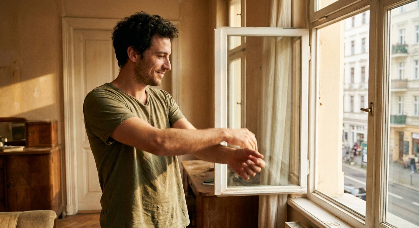 גבר ישראלי מתחיל לזוז ולנער ידיים בעדינות, עומד ליד חלון פתוח עם אור בוקר