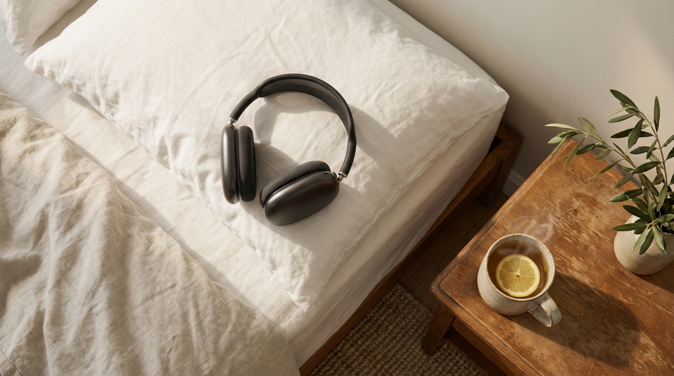 אוזניות מונחות על כרית לבנה לצד ספל תה, תאורה חמימה ורכה