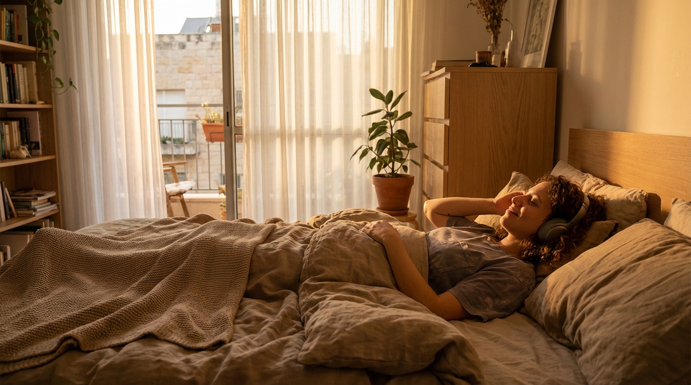 אדם שוכב במיטה עם אוזניות, אור ערב רך חם