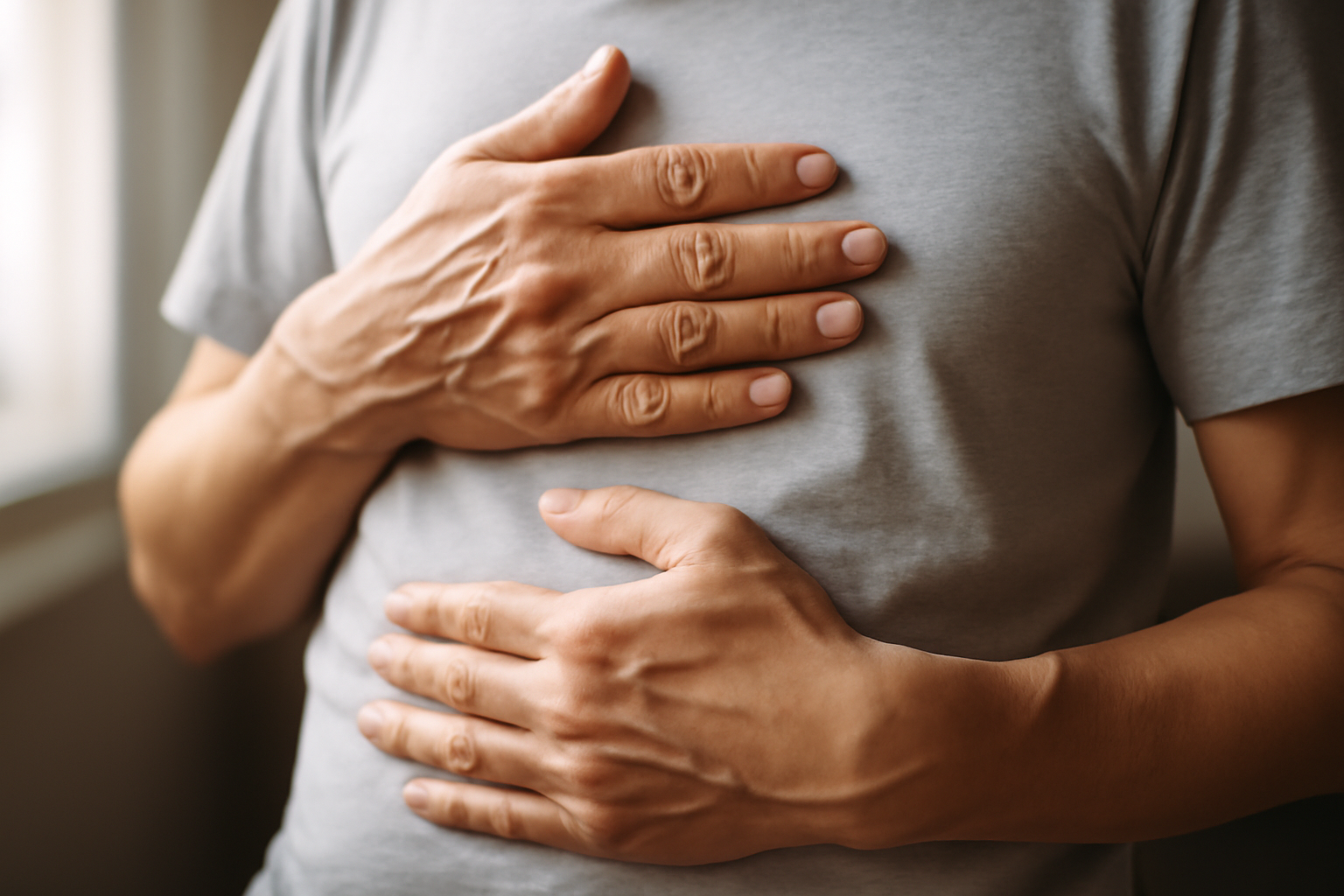 ידיים של אדם מונחות על החזה והבטן בתנוחת נשימה דיאפרגמטית, חולצה בהירה, אור טבעי