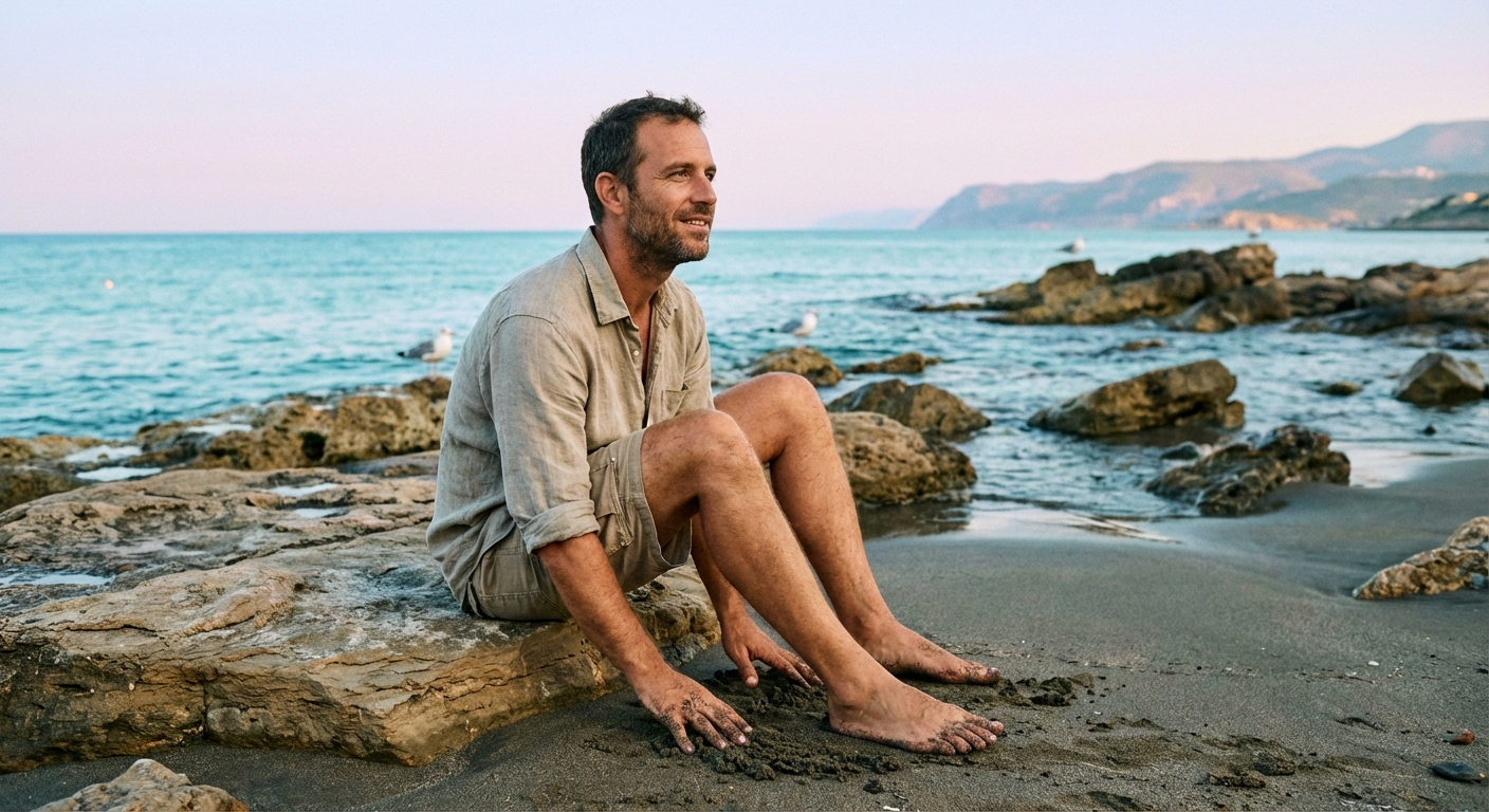 גבר ישראלי יושב על סלע בחוף הים, מגע ידיים בחול רטוב, מביט לים